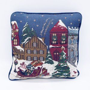 Christmas Needlepoint Tapestry decorative Throw Pillow Cottage Sled Snow Scene
